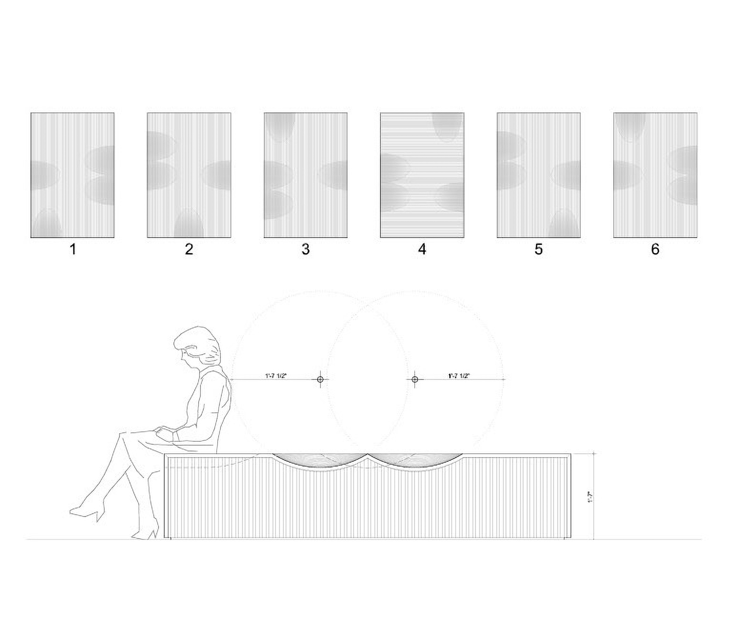 A drawing illustrating six distinct bench designs.