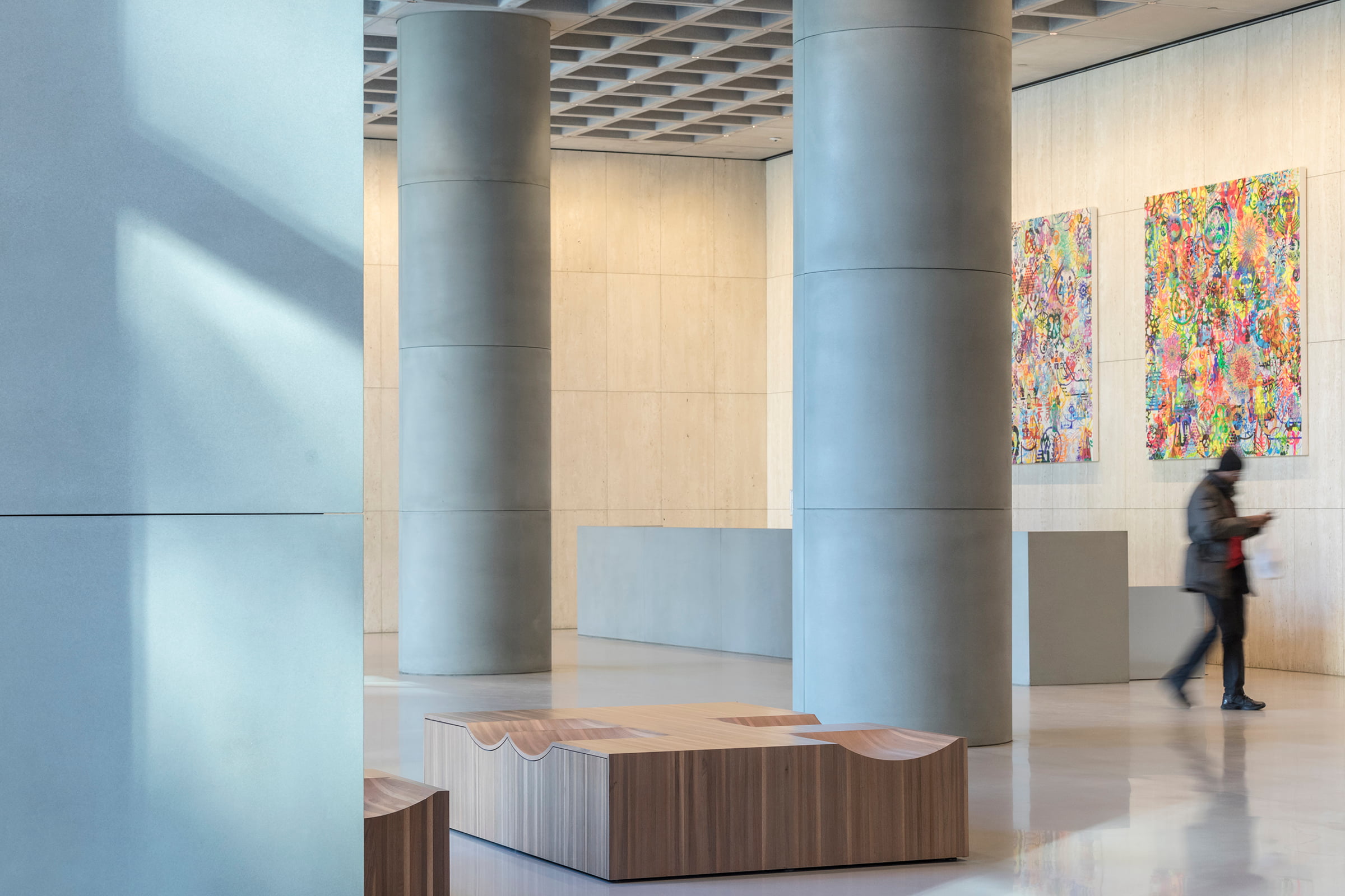 An image of the lobby with Ryan McGinness paintings.