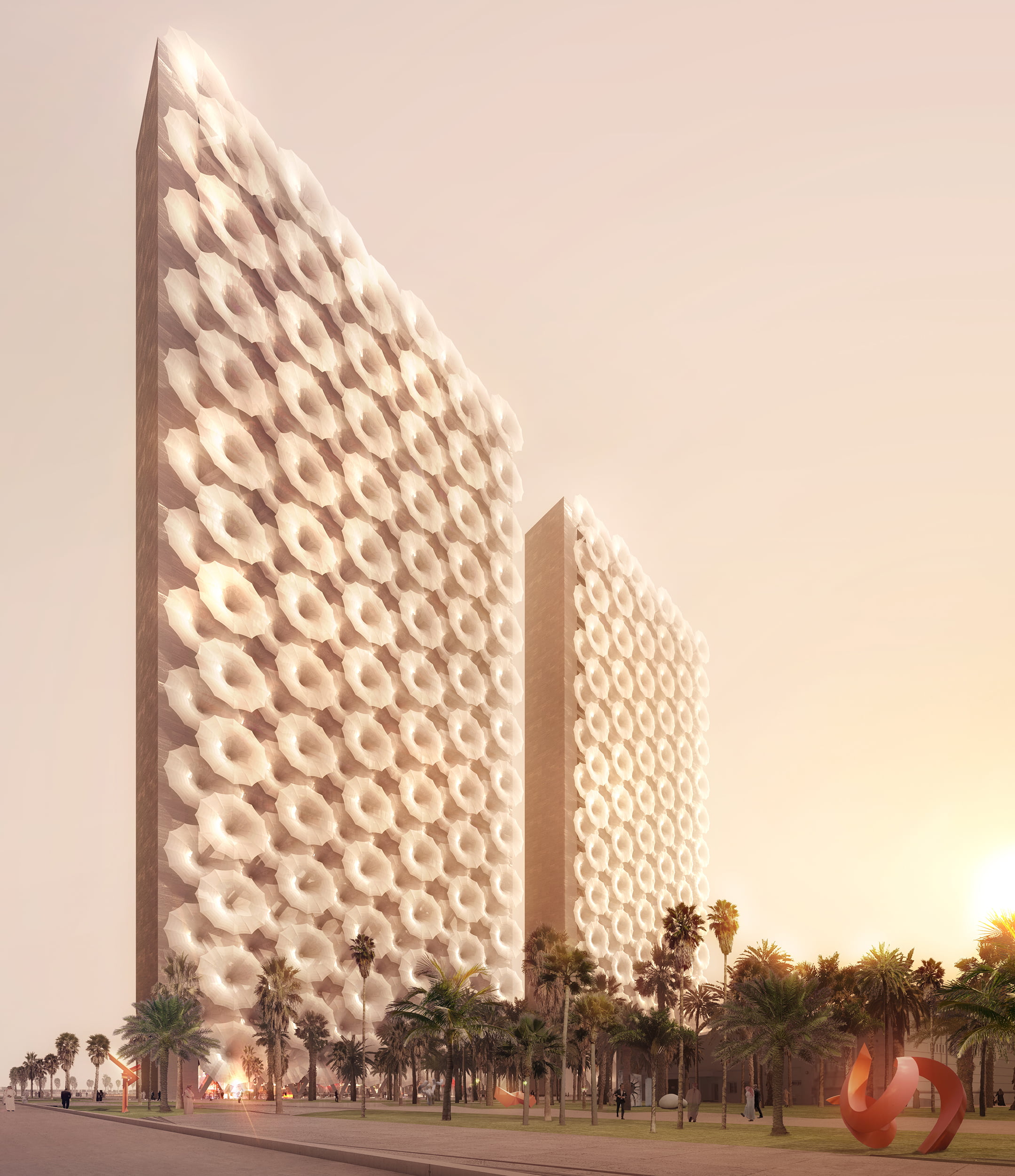 Vizualization of the exterior of Al Jazeera Headquarters Buildings indicating the geometric facade sunshade scheme.