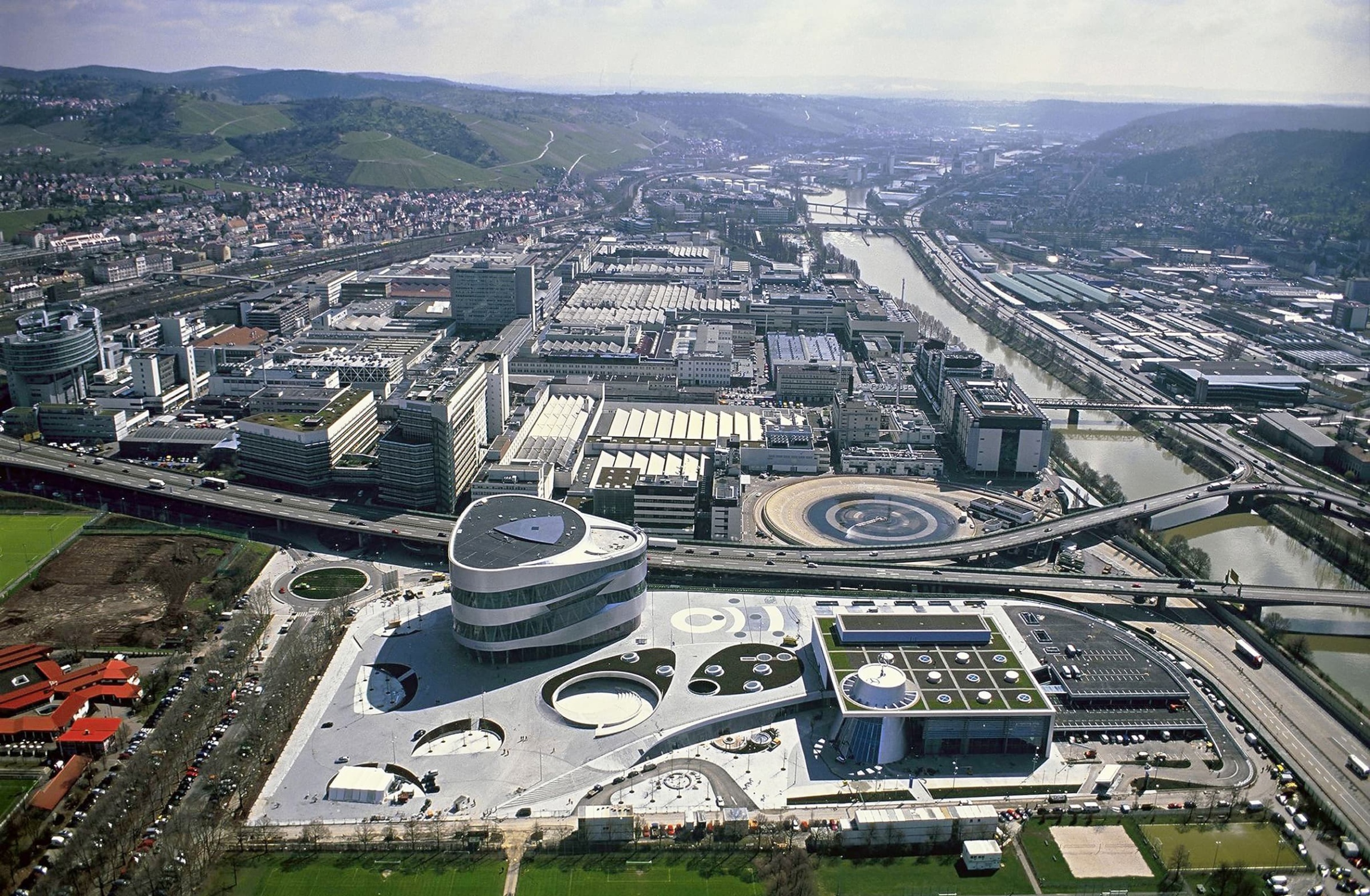 Aerial photograph of the Mercedes Benz Campus.