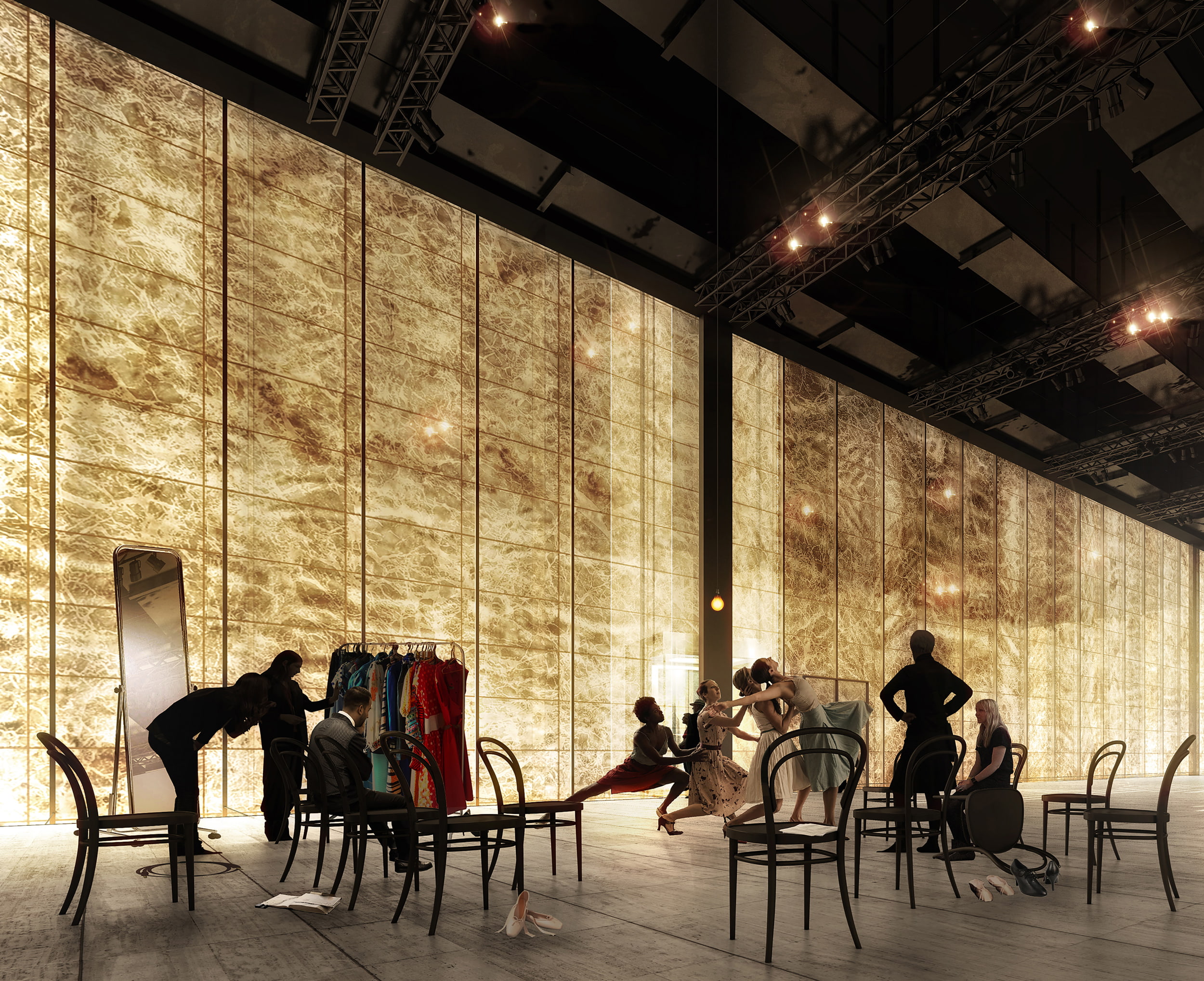 A visualization of the rehearsal room of The Perelman Performing Arts Center at the World Trade Center.