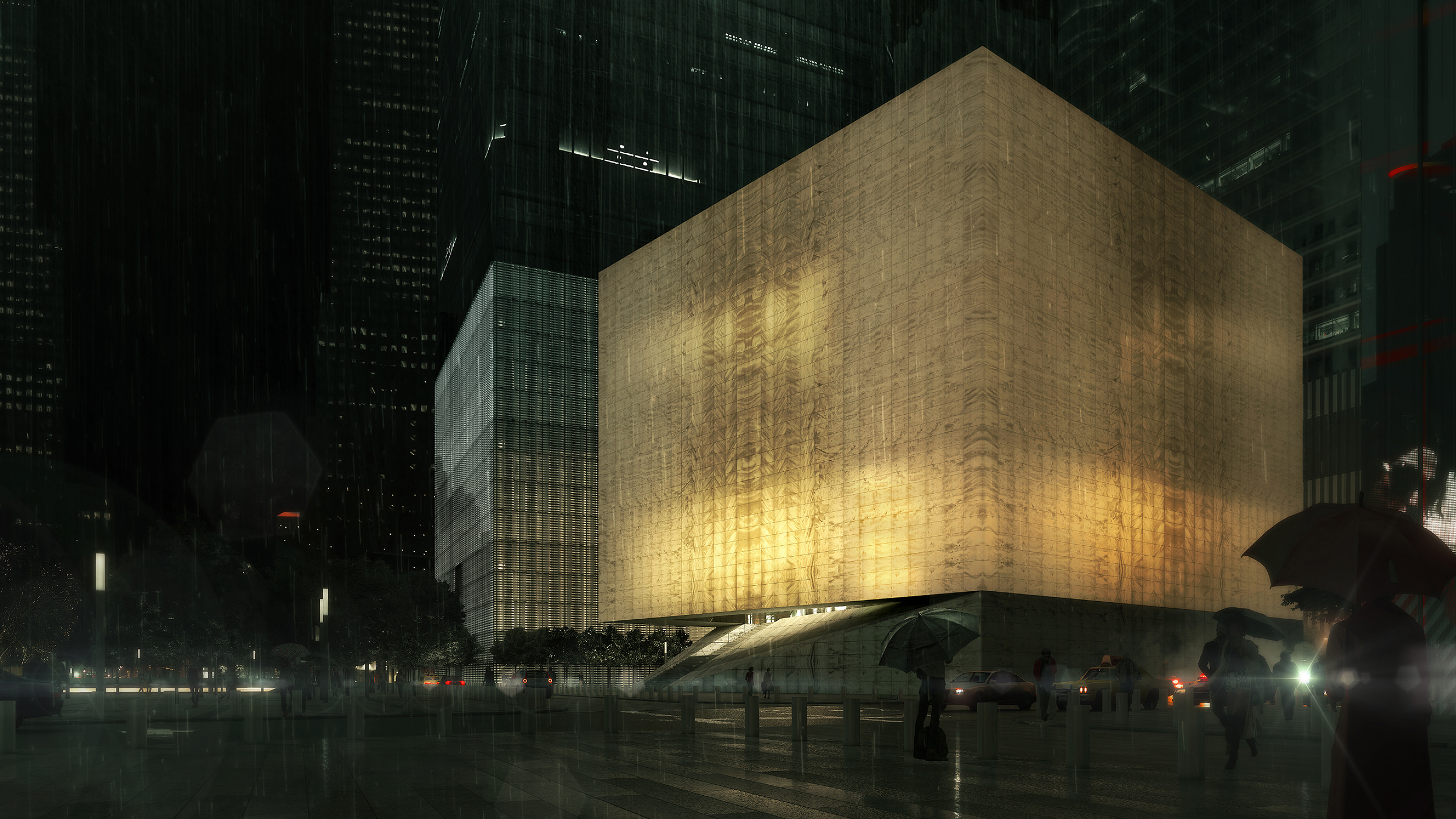 A night visualization of The Perelman Performing Arts Center at the World Trade Center.