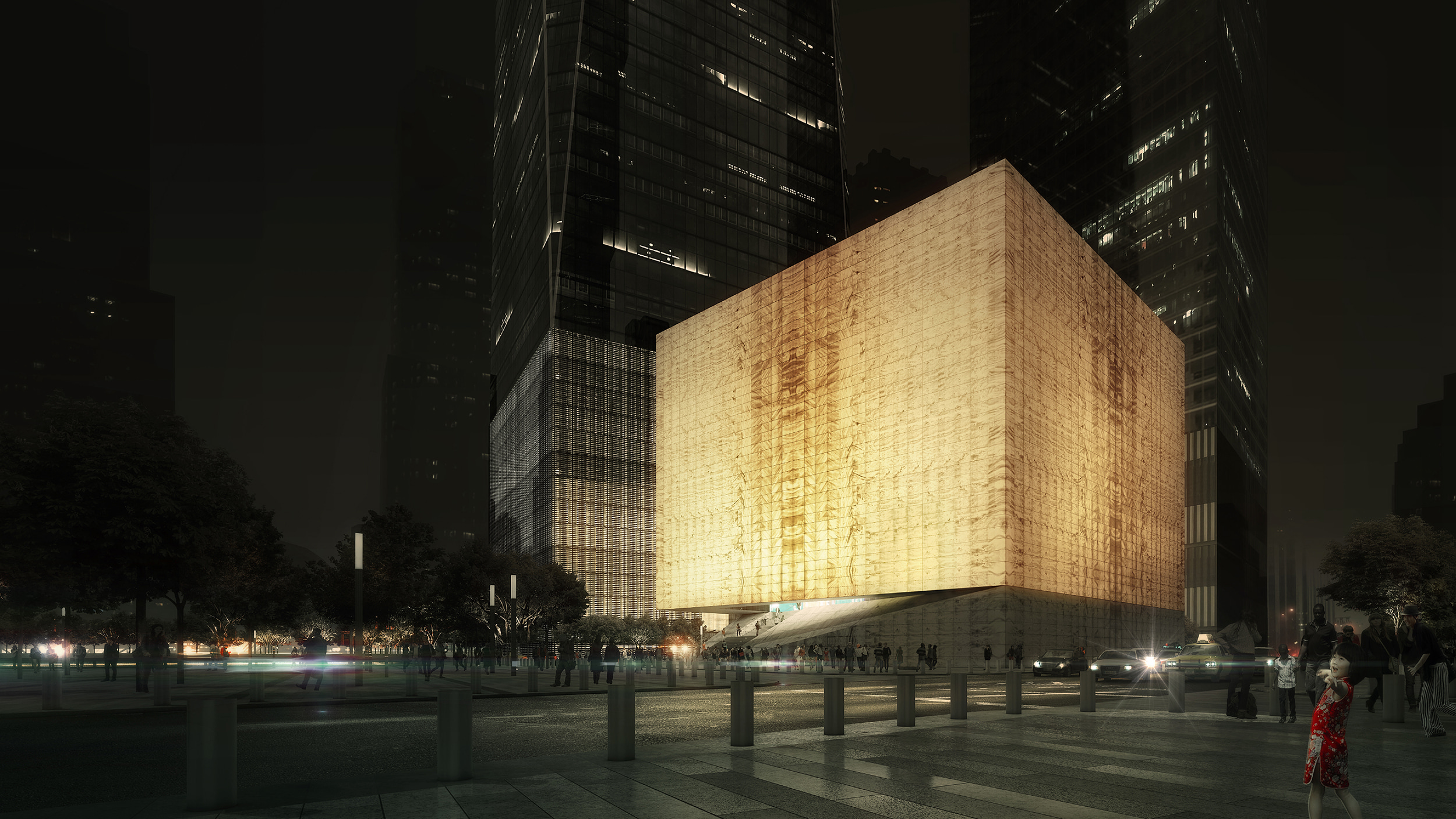 A nighttime visualization of The Perelman Performing Arts Center at the World Trade Center.