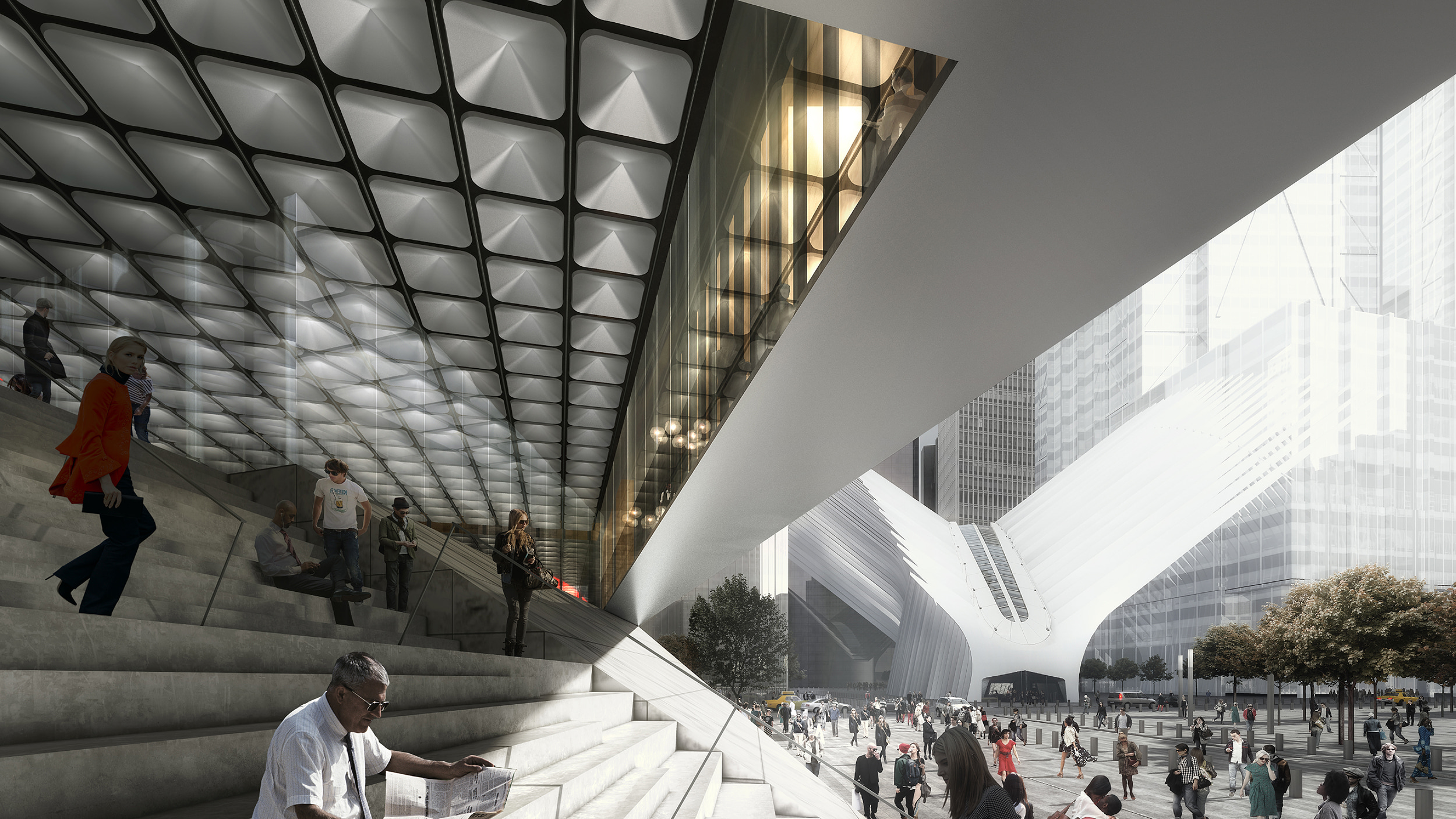 A visualization of the entry stairs of The Perelman Performing Arts Center at the World Trade Center.