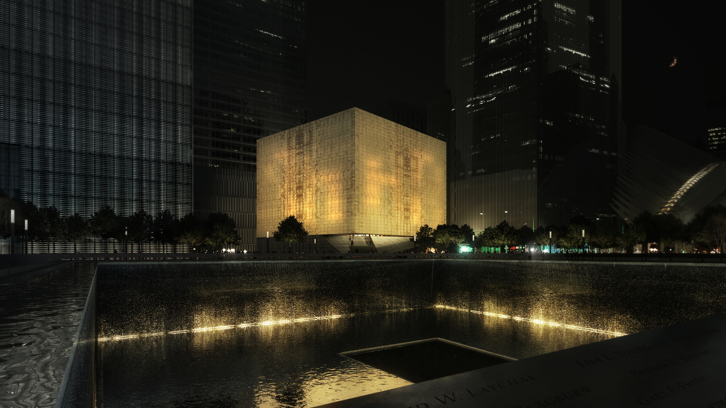 A nighttime visualization of The Perelman Performing Arts Center at the World Trade Center.