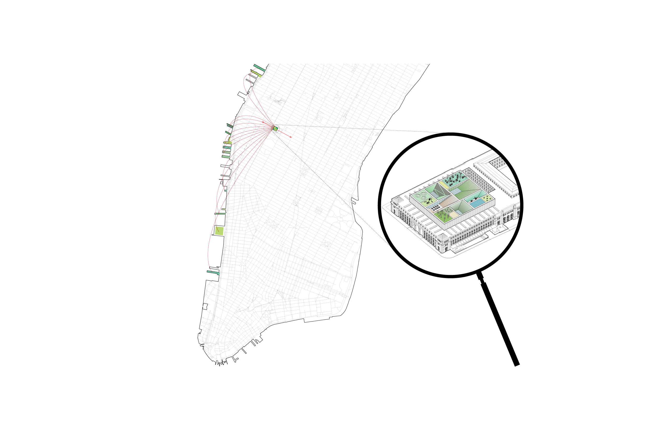 A diagram showing the location of the Farley building in Manhattan.