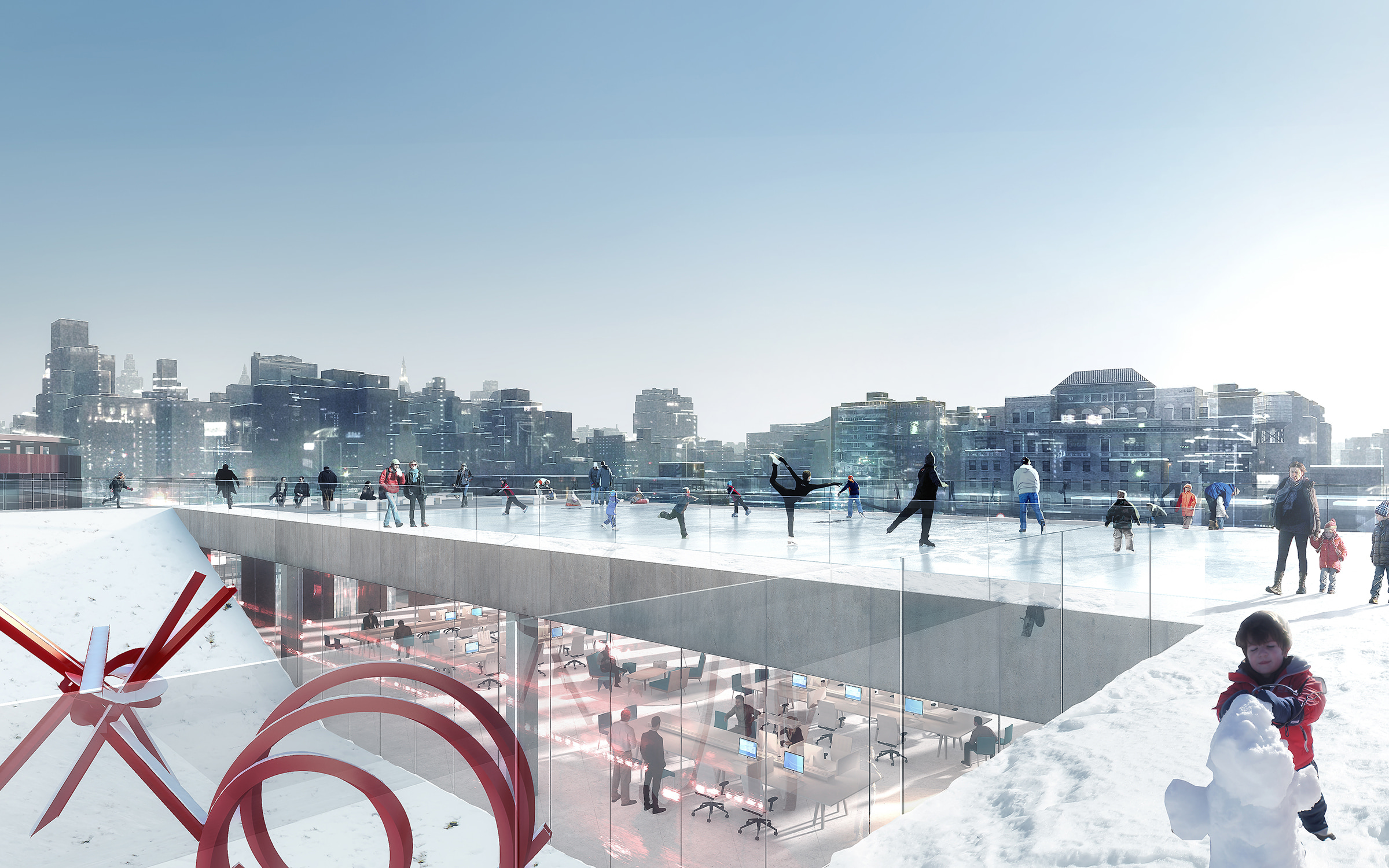A visualization showing the Farley Annex High Garden ice rink in winter.