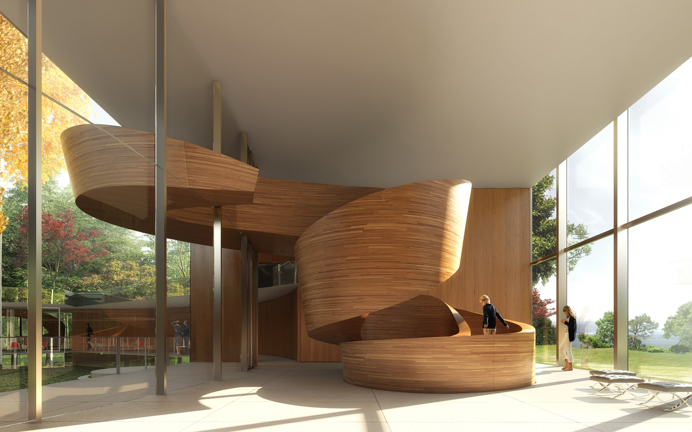 A visualization of the Necklace Residence sculptural stair.