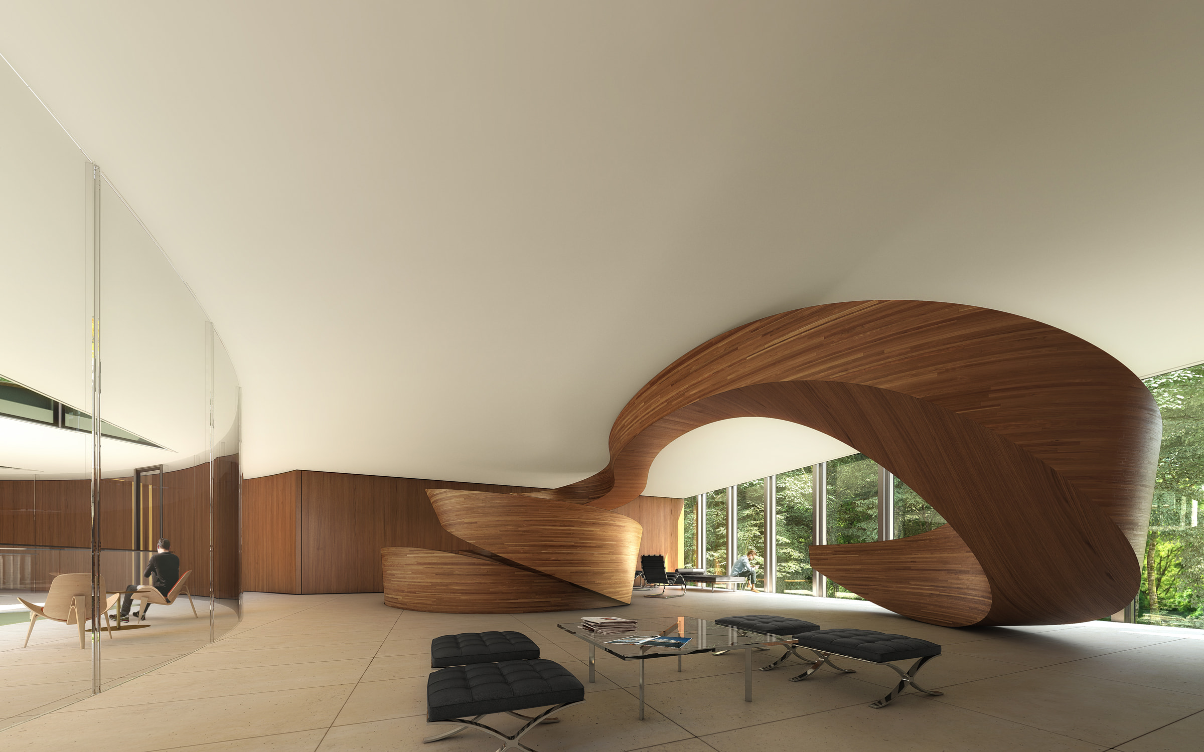 A visualization of the Necklace Residence sculptural stair.