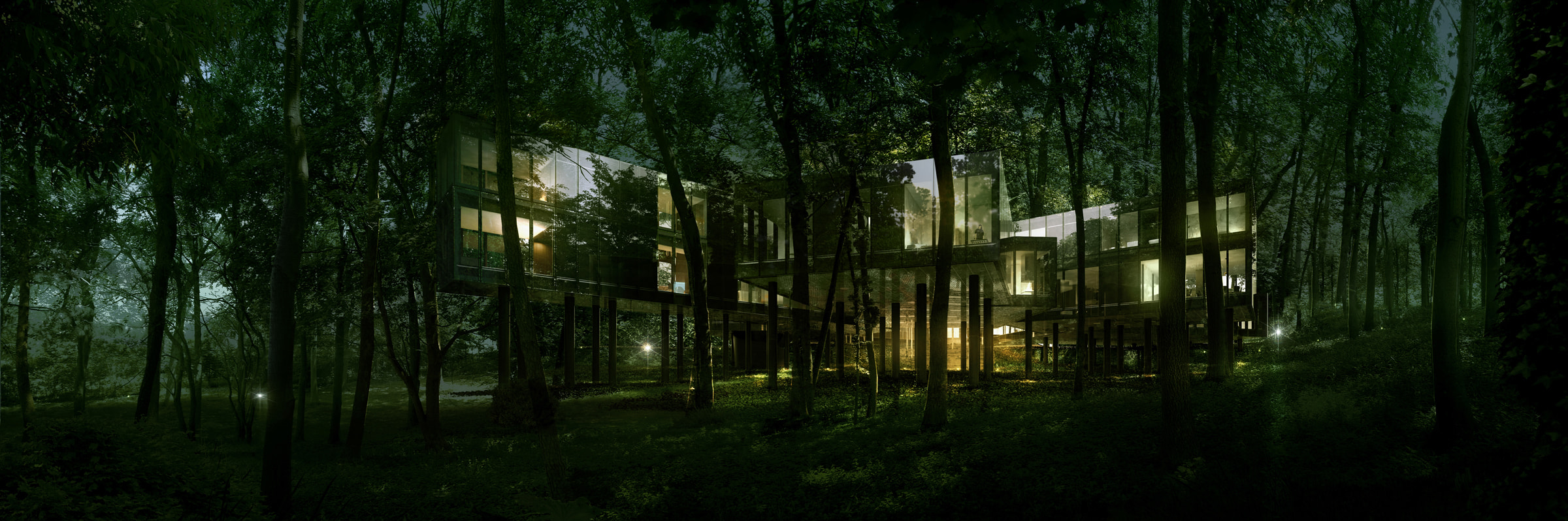 A visualization of the Necklace Residence at night.