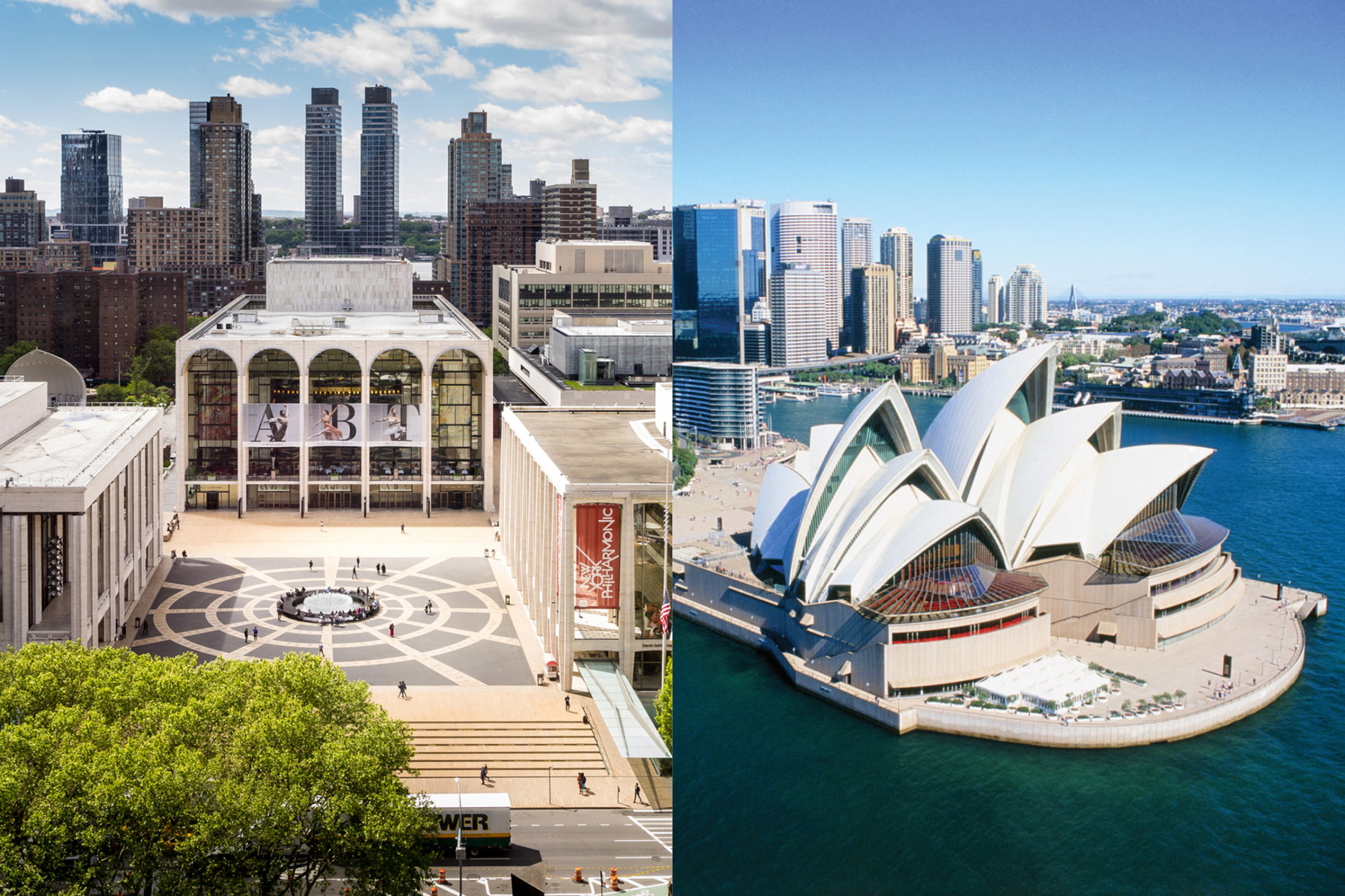 Photographs of the Lincoln Center and Sydney Opera House.