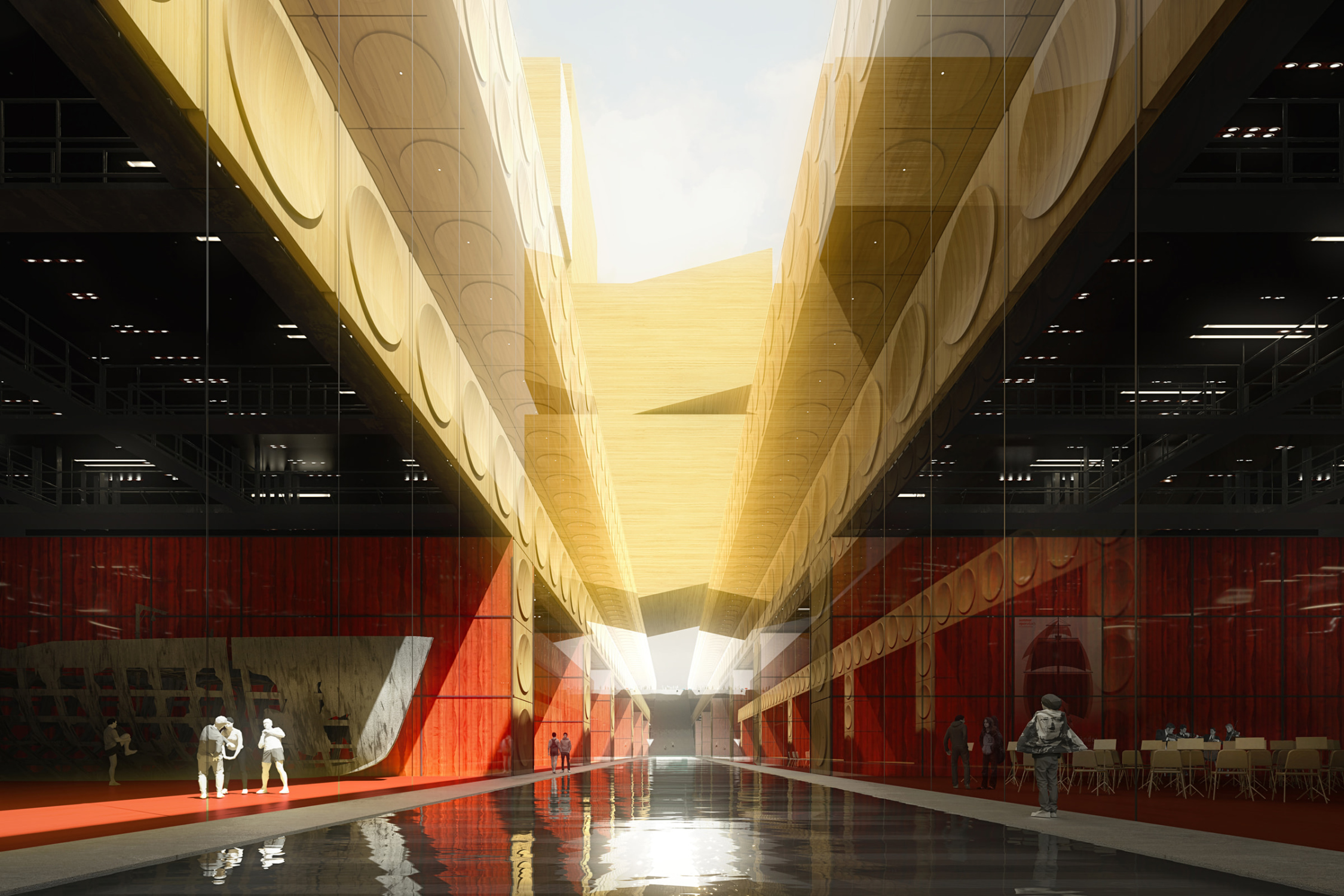 A visualization inside the 15 meter wide courtyard within Shenzhen Opera House's landscape.