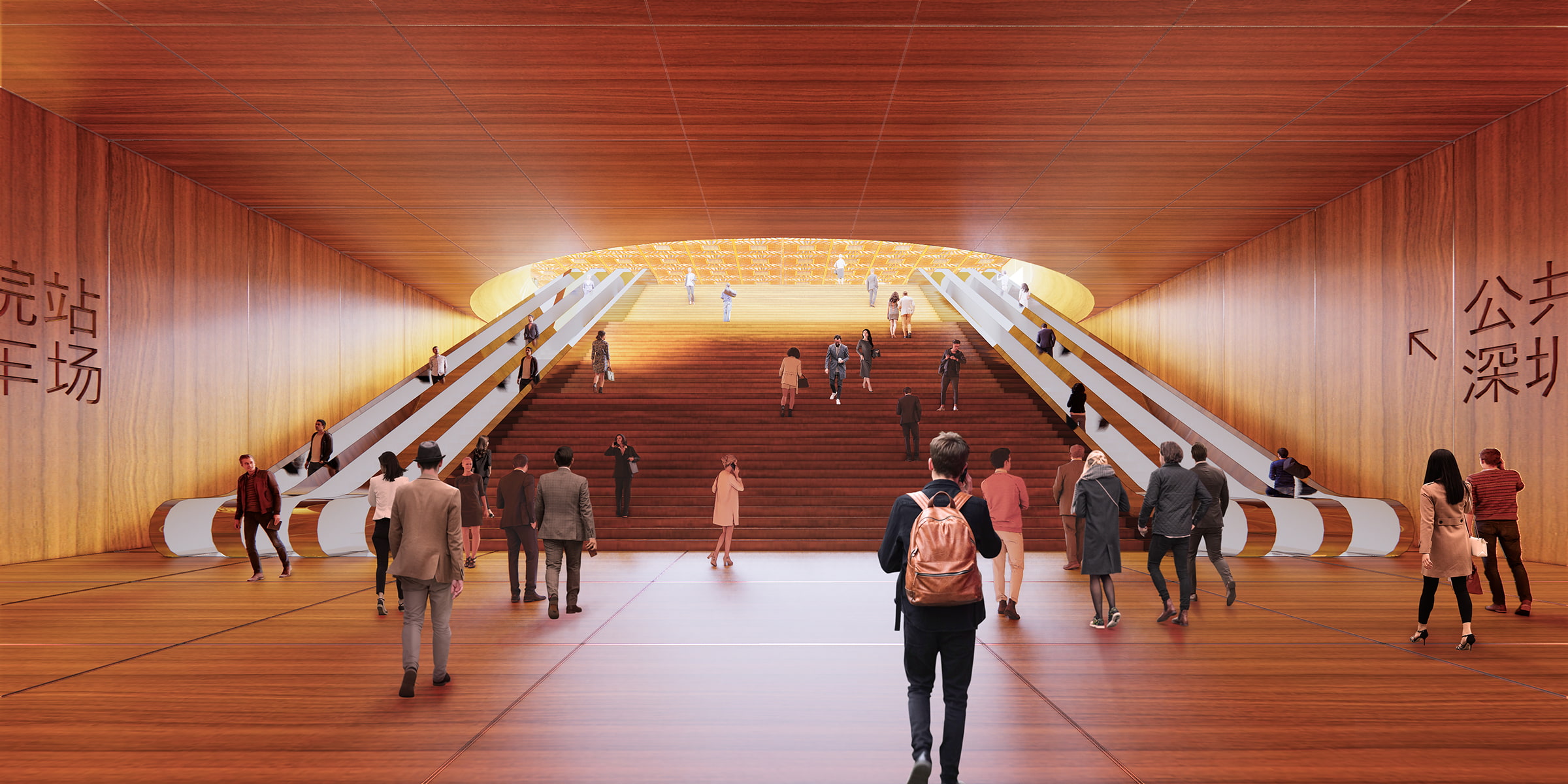 A visualization of the grand entry into the Shenzhen Opera House's Gallery.