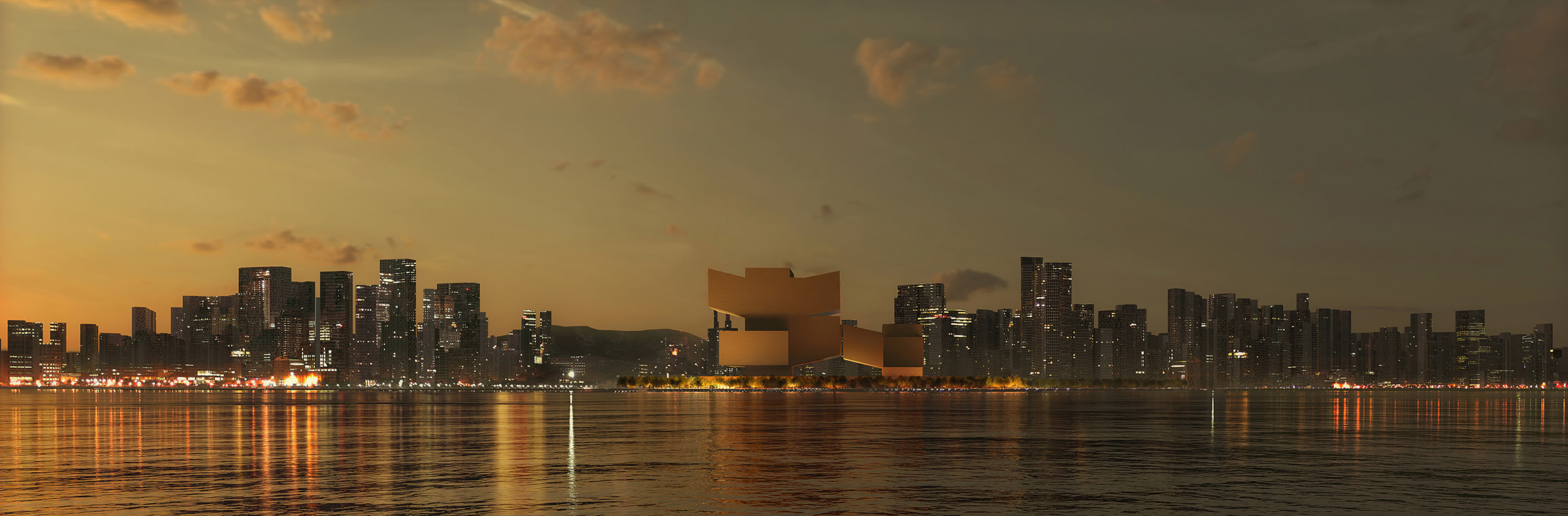 A panorama visualization of the Shenzhen Opera House within Shenzhen Bay.