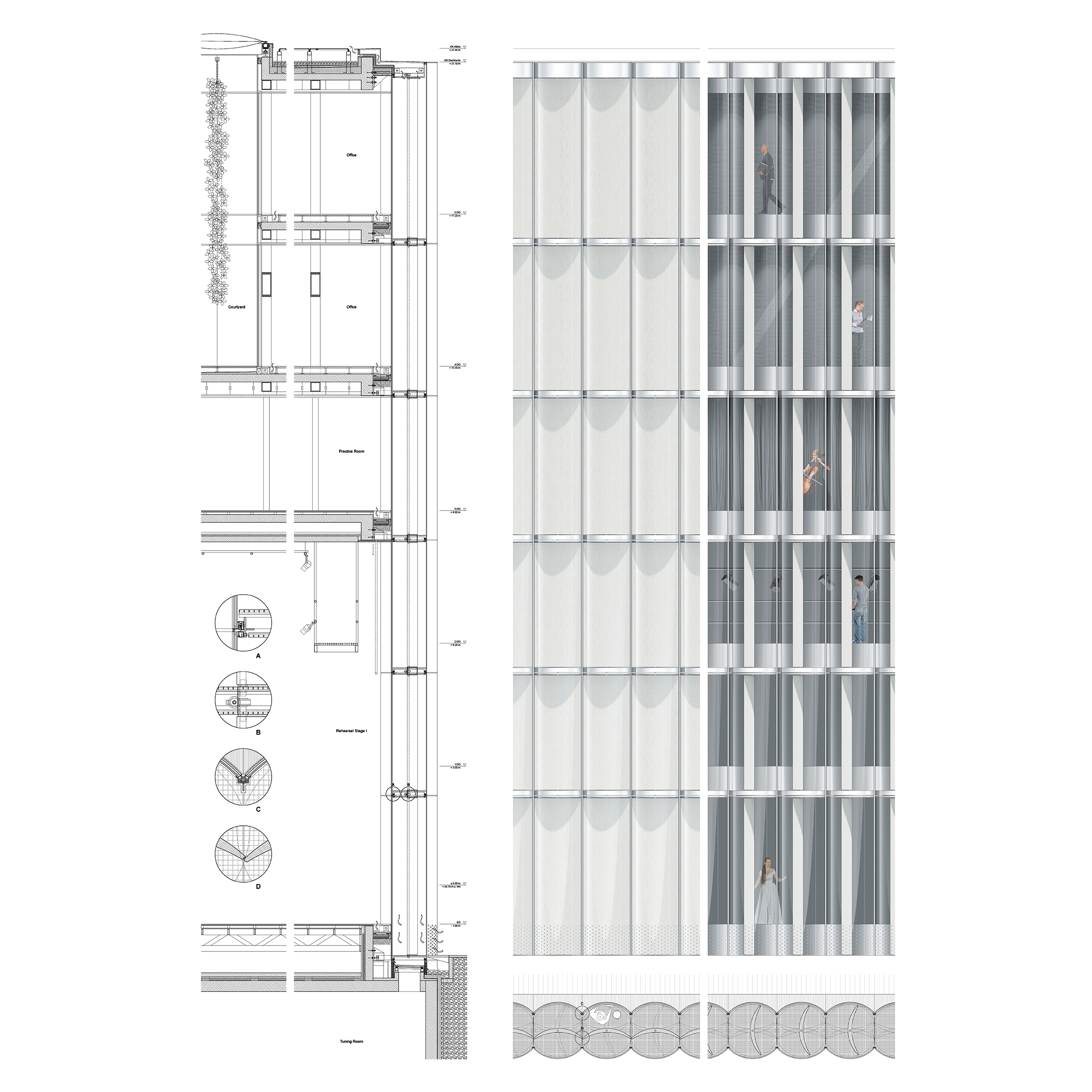 Detail drawings of the Komische Oper Expansion's façade.