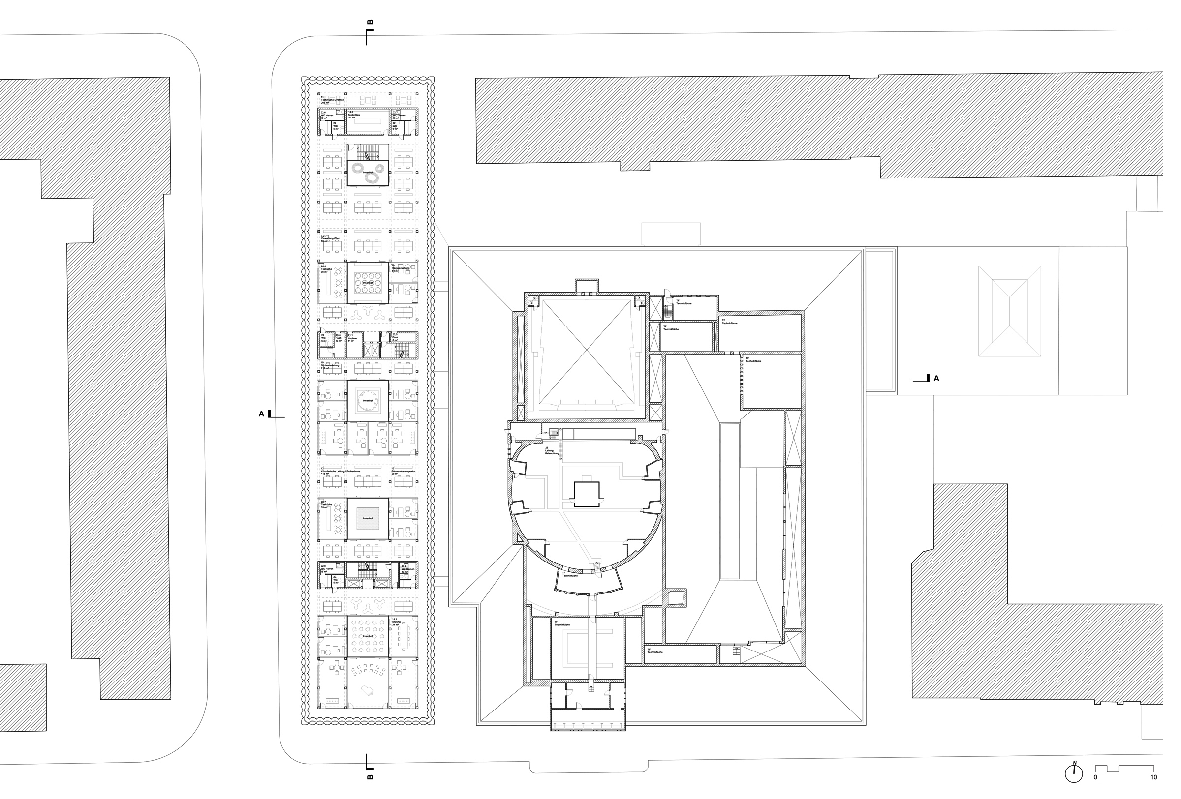 Lower office level plan of the Komische Oper Expansion.