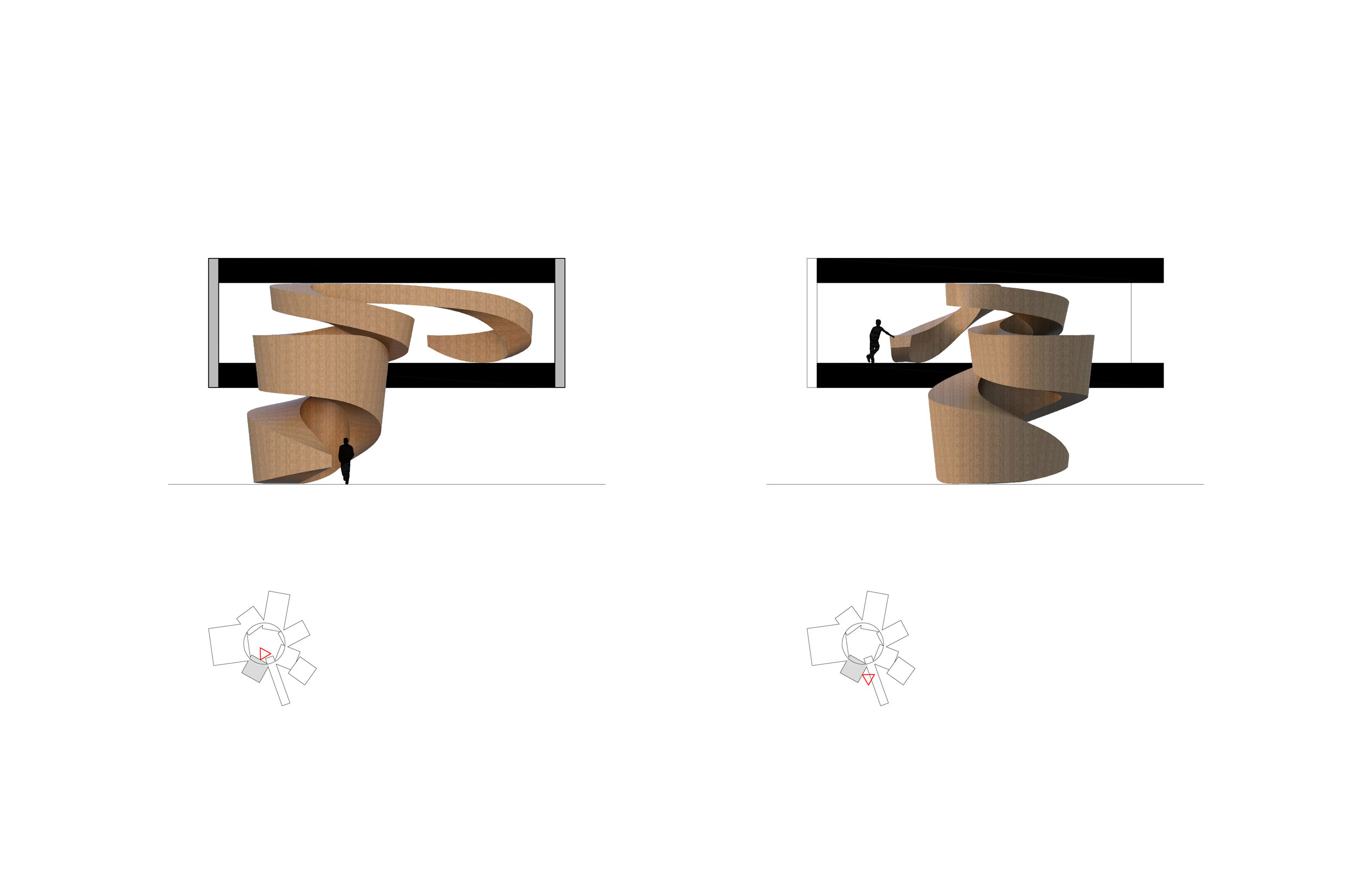 A section diagram of the Necklace Residence sculptural stairs.